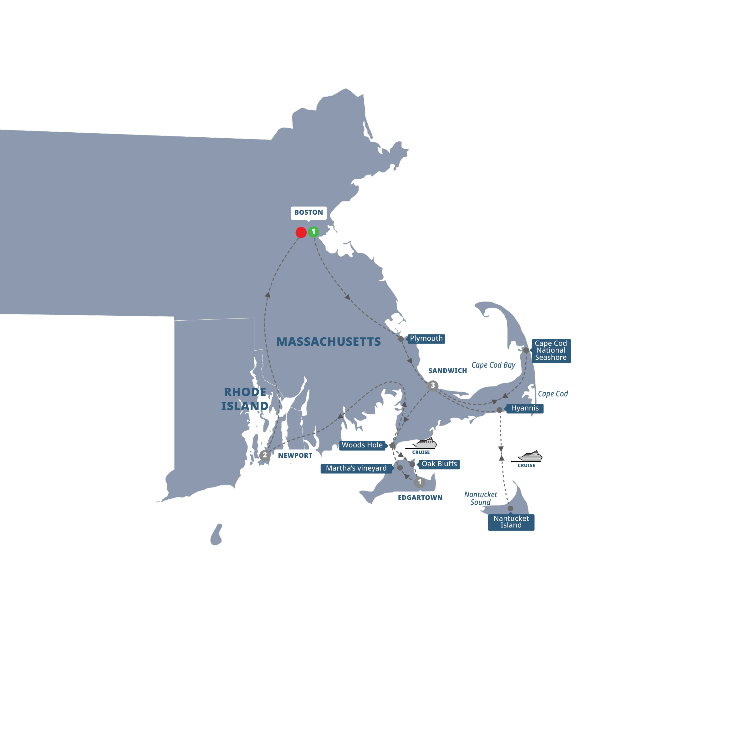 Map of Treasures of Cape Cod & the Islands, a Women-Only Tour from Trafalgar