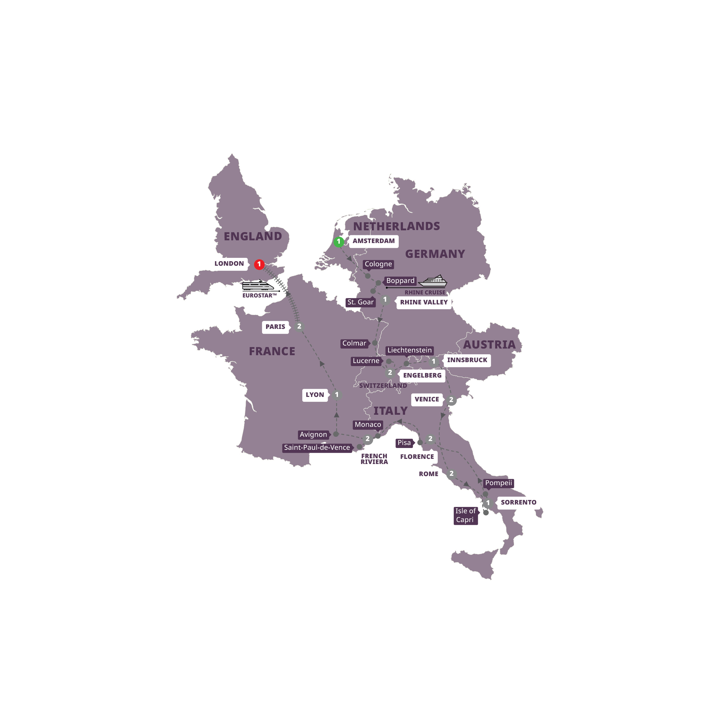 Map of Traditional Europe Eurostar™ Extension (2027) from Trafalgar