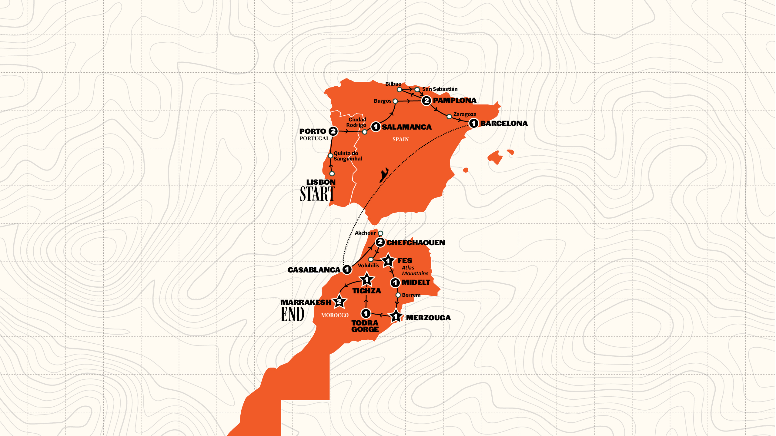Map of Lisbon to Marrakesh from Contiki
