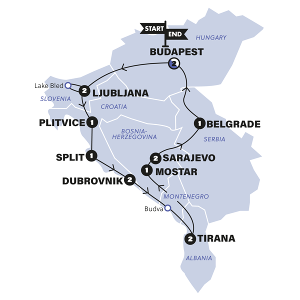 Best of Balkans Start Budapest Trip Map