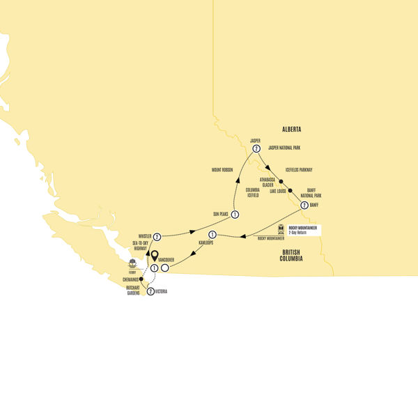Panoramic Canadian Rockies with Rocky Mountaineer Silverleaf Itinerary Map