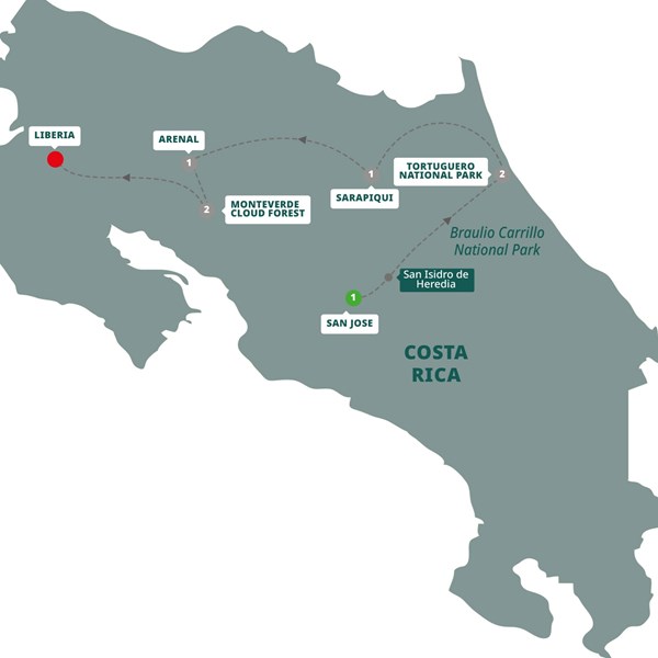 tourhub | Trafalgar | Costa Rica Eco Adventure End Liberia | LCRELN19 | Route Map
