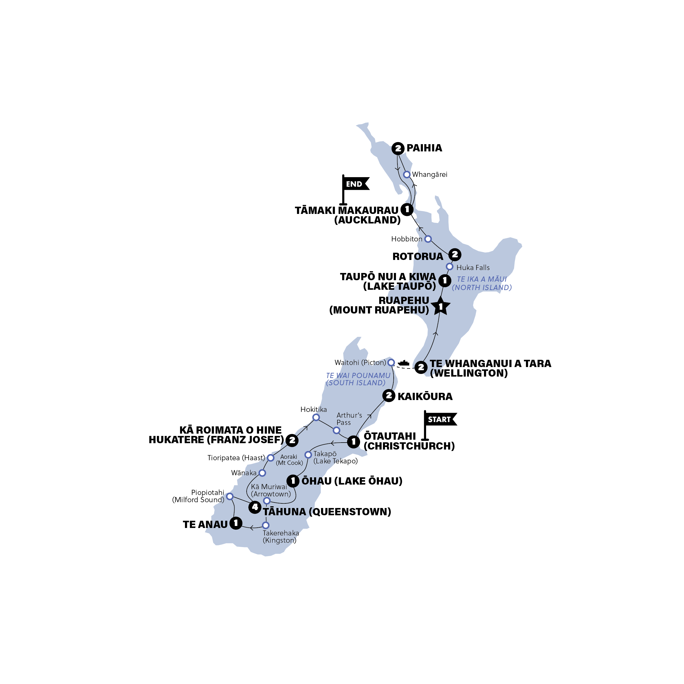 tourhub | Contiki | Ultimate New Zealand | Northbound | Oct 2025 - May 2026 | Tour Map