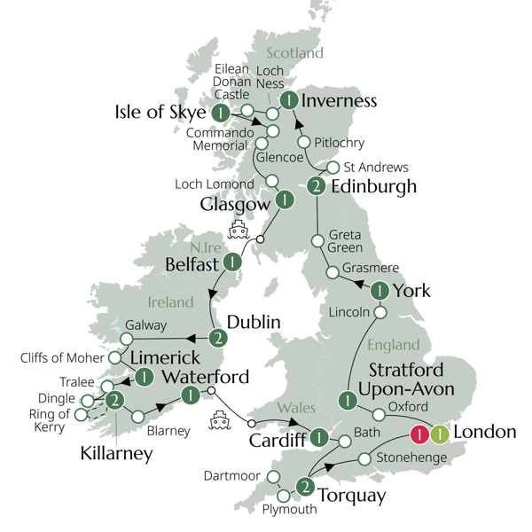 Romantic Britain & Ireland - Classic Group Itinerary Map