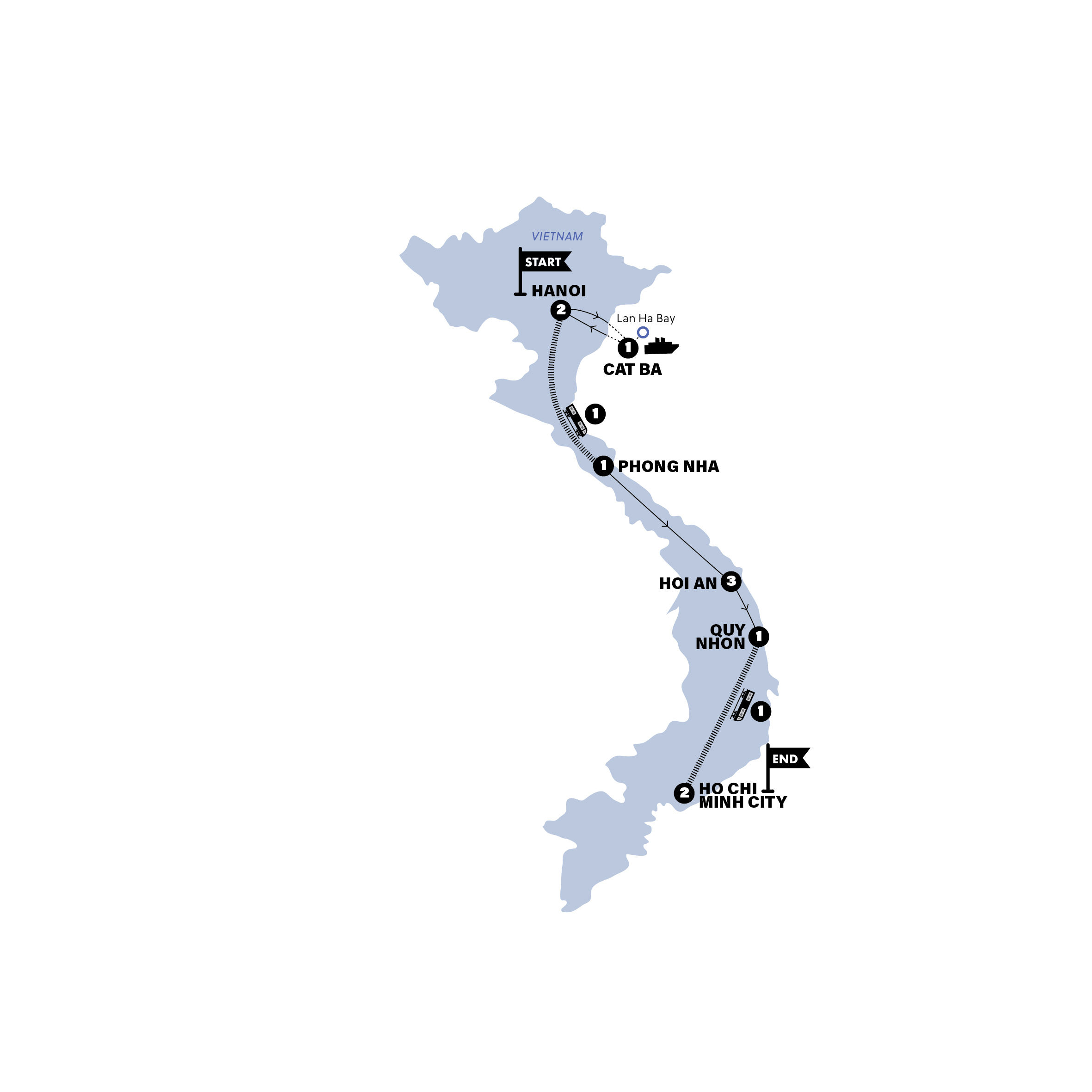 Map of Hanoi to Ho Chi Minh City from Contiki