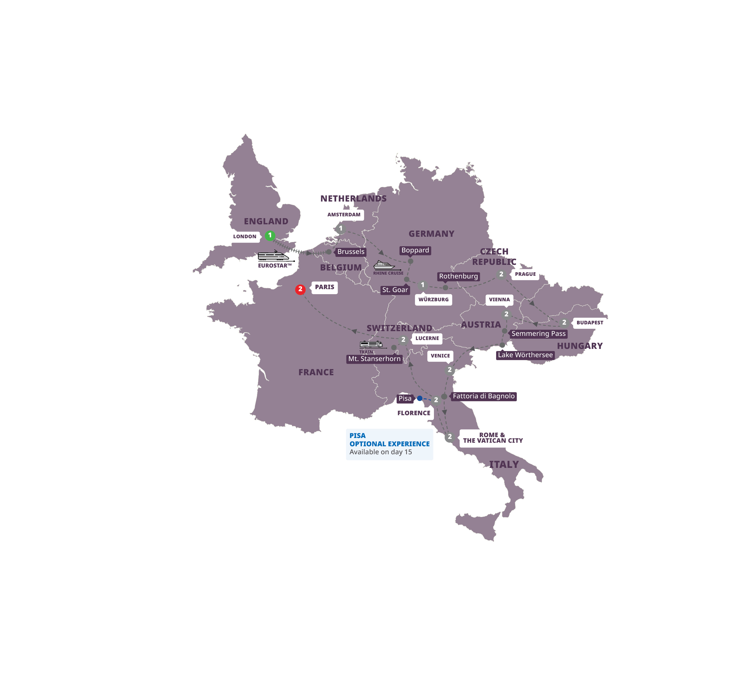 Map of Romantic European End Paris from Trafalgar