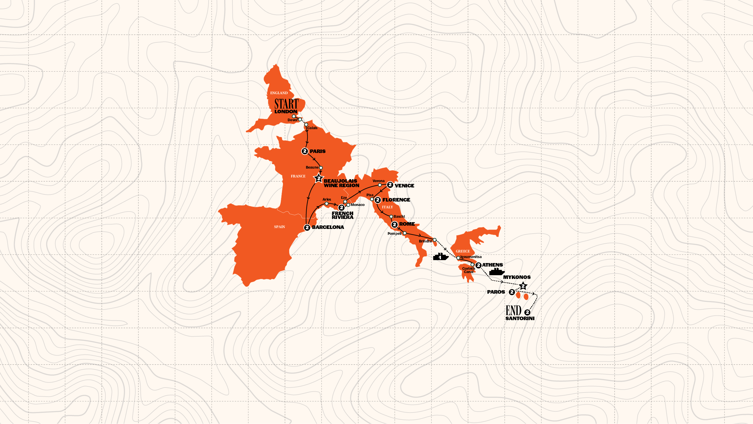 Map of London to Santorini | Hotels |Start London | Summer | 2027 from Contiki