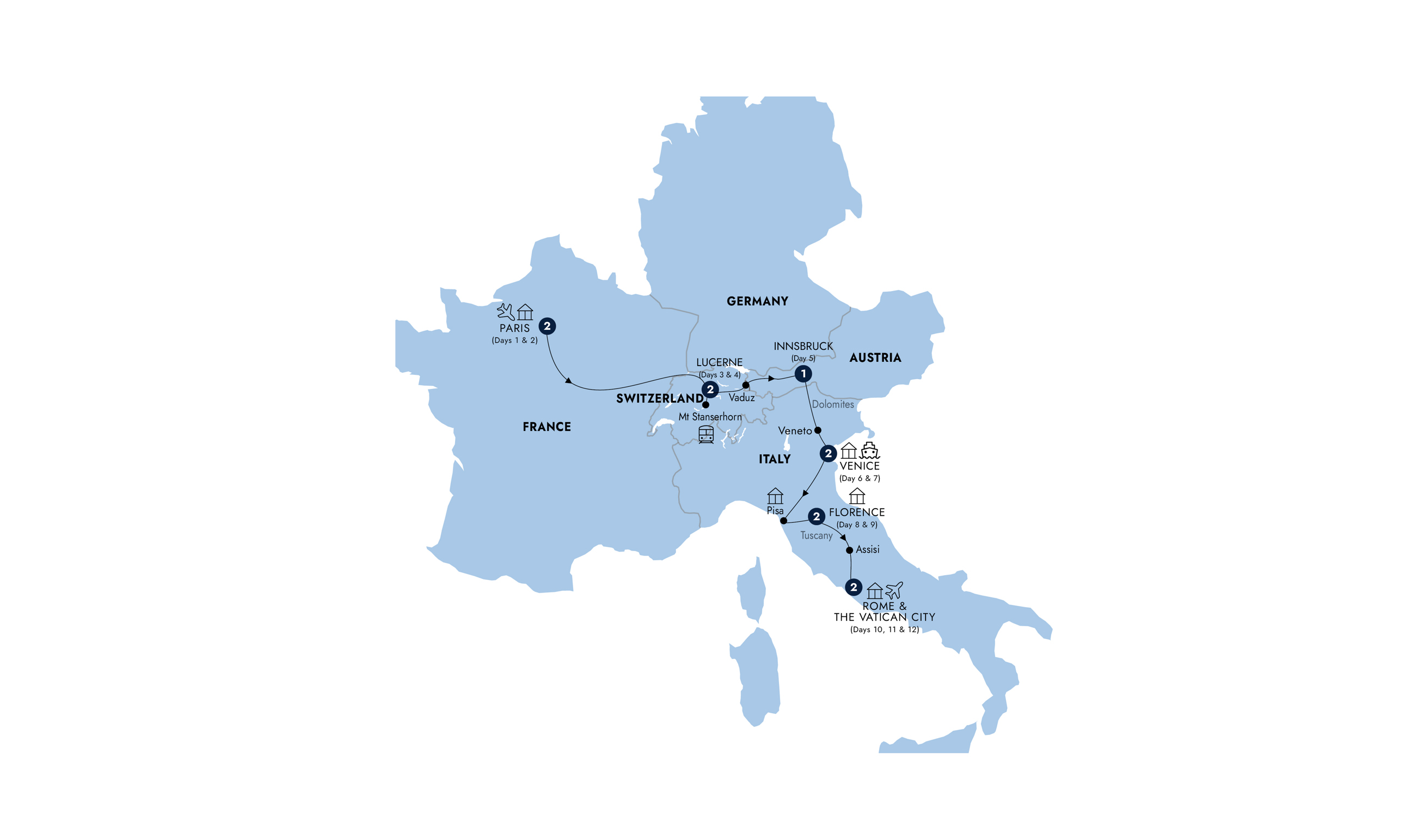 Map of Road to Rome - Start Paris, Classic Group (Summer 2027) from Insight Vacations