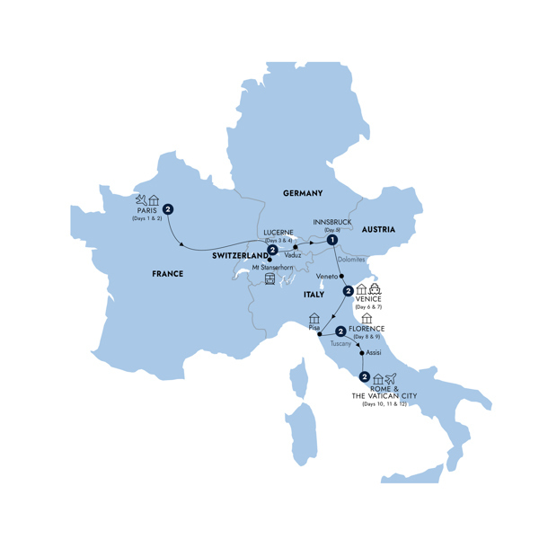 Road to Rome Start Paris Itinerary Map