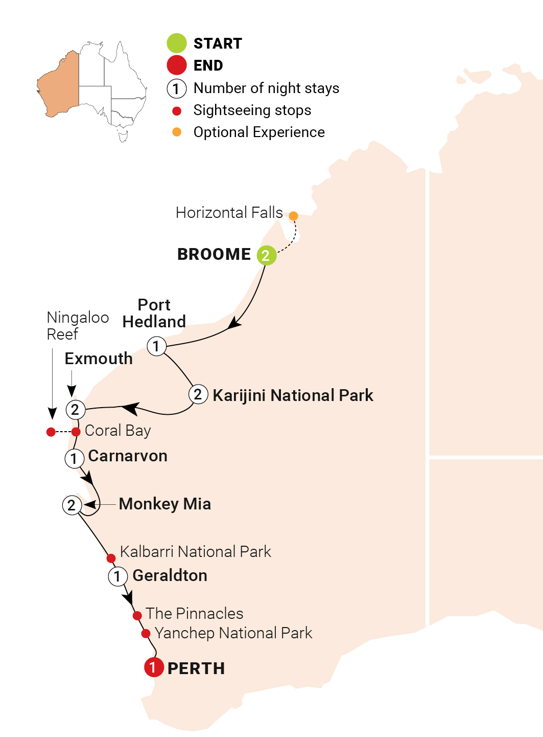 tourhub | AAT Kings | Untamed Pilbara & West Coast | Tour Map