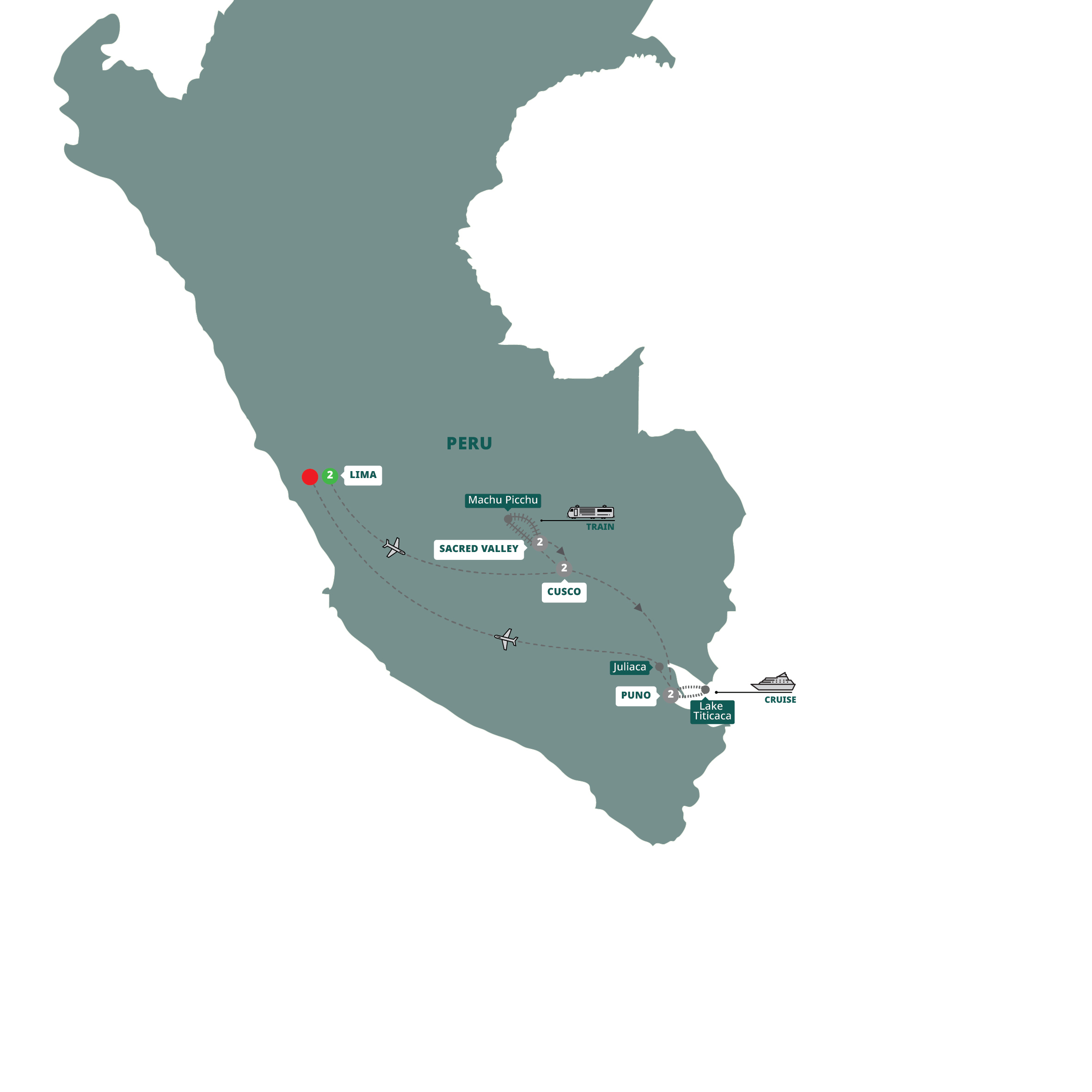 Map of Peru Explorer with Puno and Lake Titicaca Extension from Trafalgar