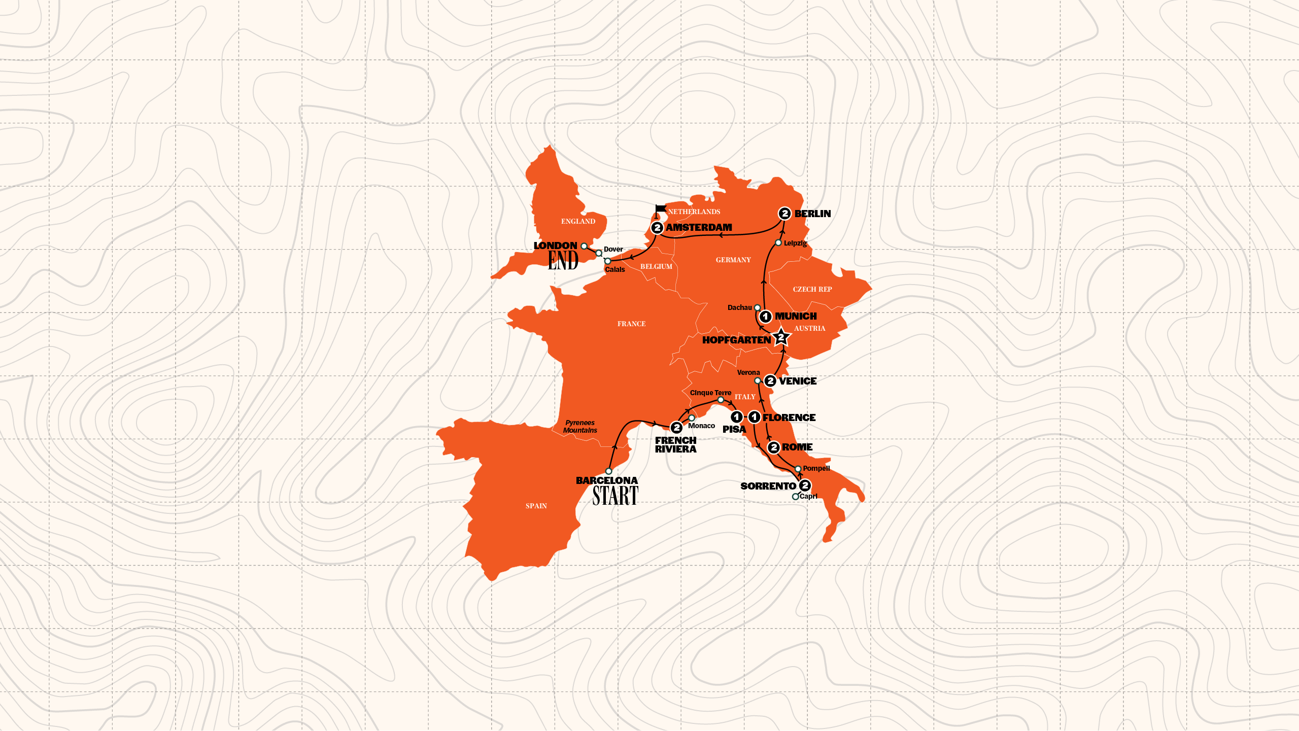 Map of Barcelona to London Quest | Age 18-22 Hostels | Summer | 2027 from Contiki