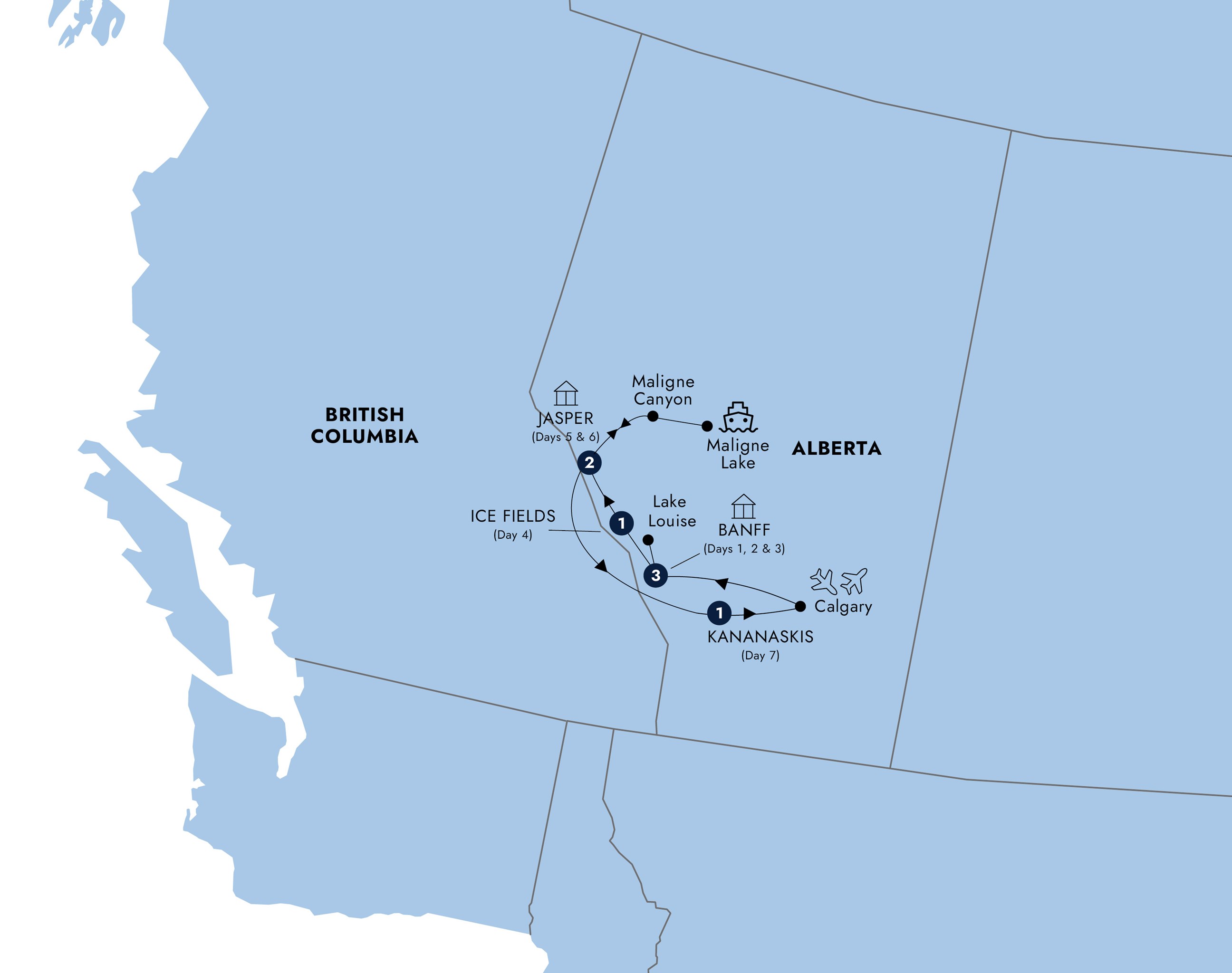 tourhub | Insight Vacations | Spectacular Rockies and Glaciers of Alberta | Tour Map
