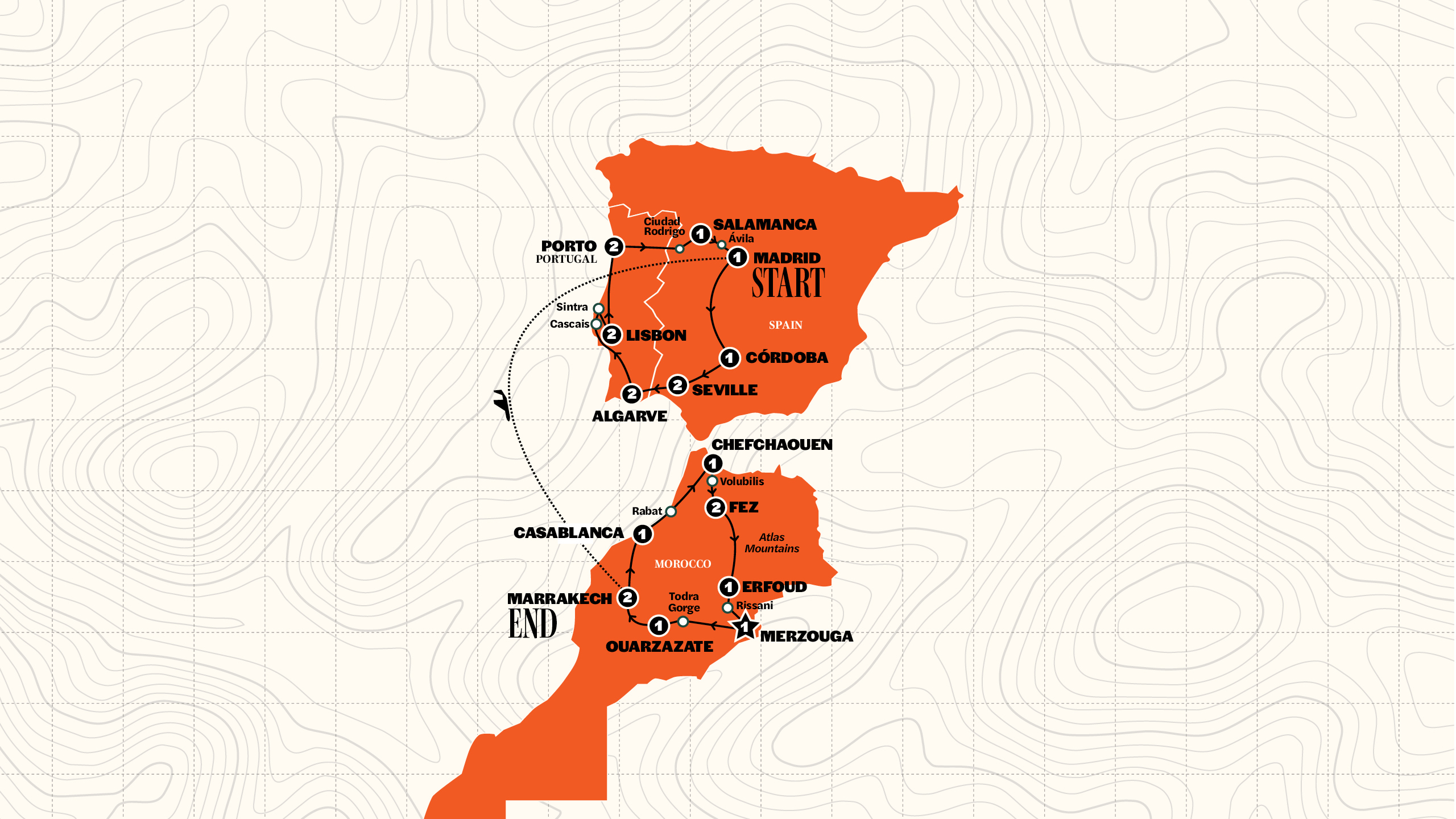 Map of Spain, Portugal & Morocco Trail | Summer 2026 from Contiki