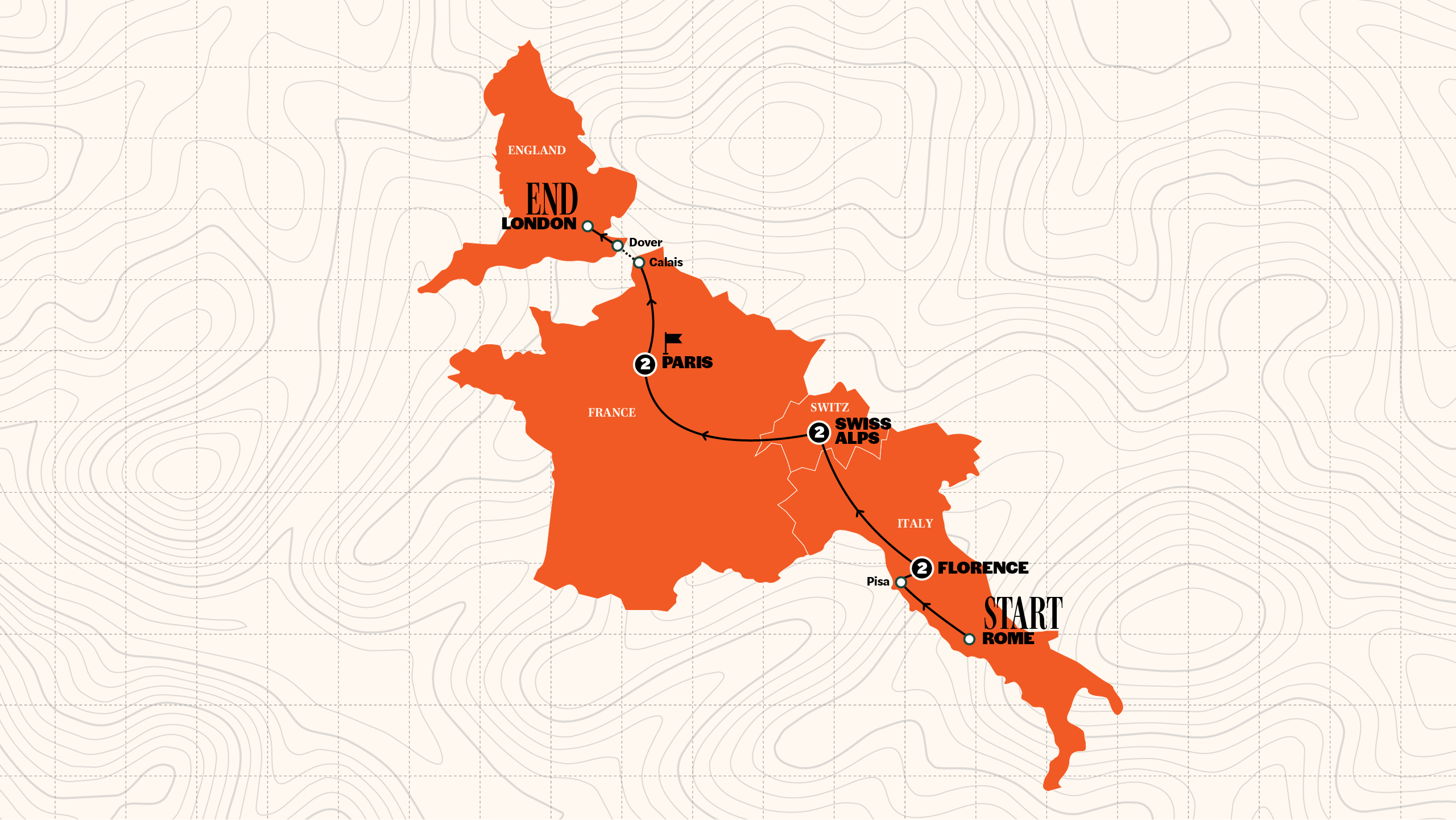 Map of Rome to London Trail | Hostels | Summer | 2026 from Contiki