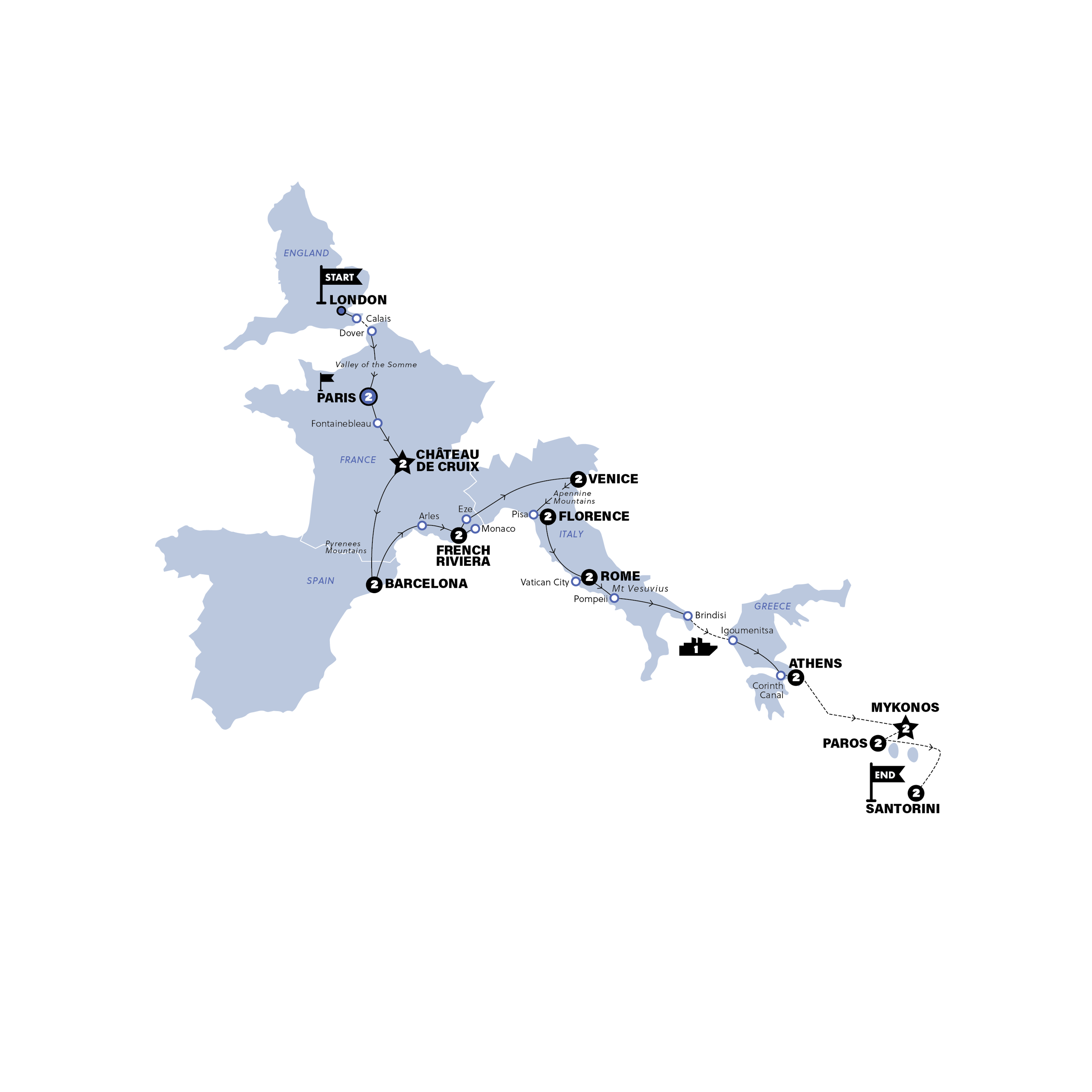 tourhub | Contiki | London to Santorini | Start Paris | Summer | 2026 | Tour Map