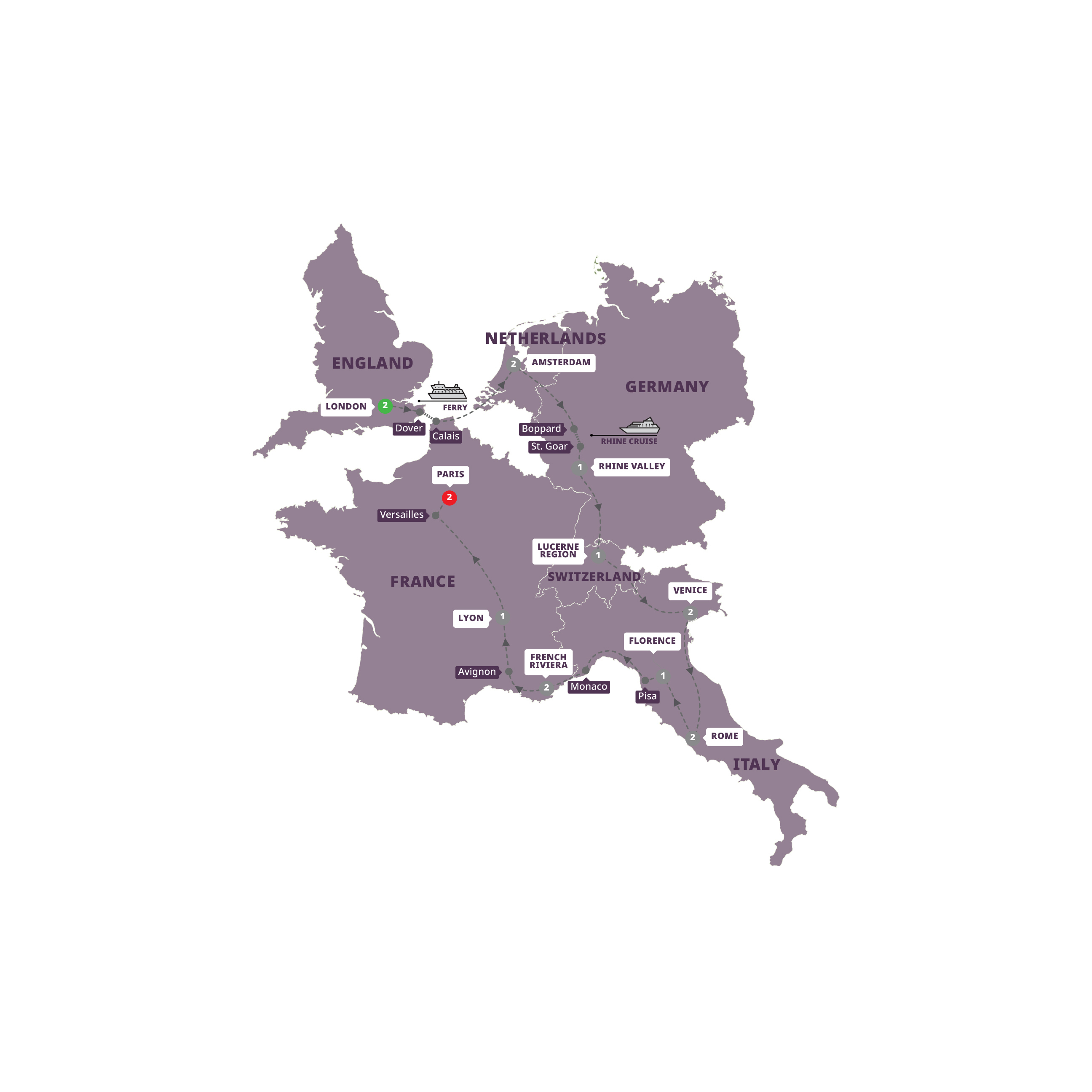 Map of European Accent - Start London from Trafalgar