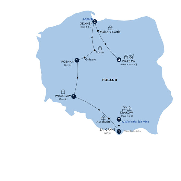 Highlights of Poland - Classic Group Itinerary Map