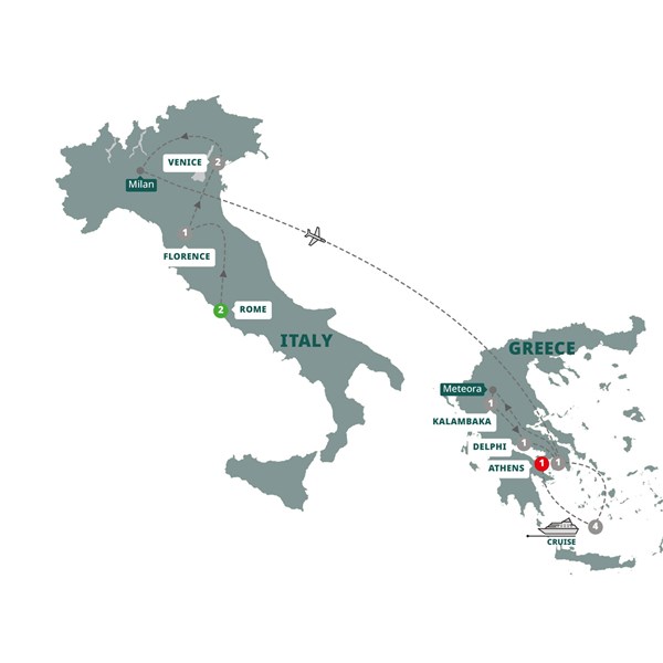 tourhub | Trafalgar | Best of Italy and Greece with 4-Day Aegean Cruise Premier | ICLAMLN19 | Route Map
