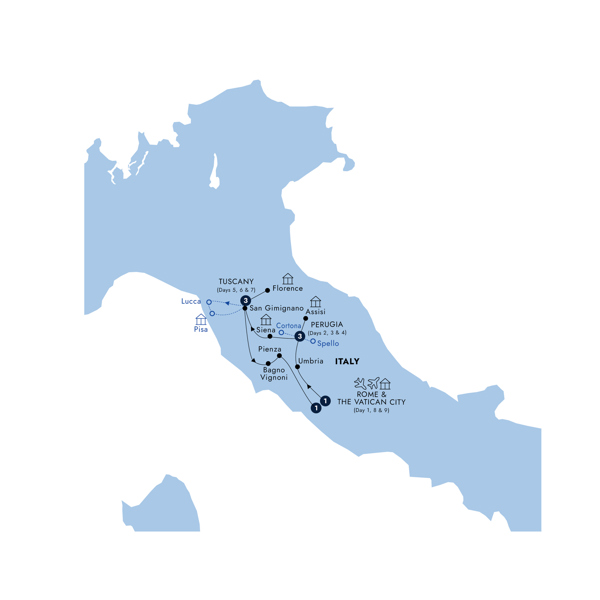 Country Roads of Tuscany & Central Italy - Classic Group Itinerary Map