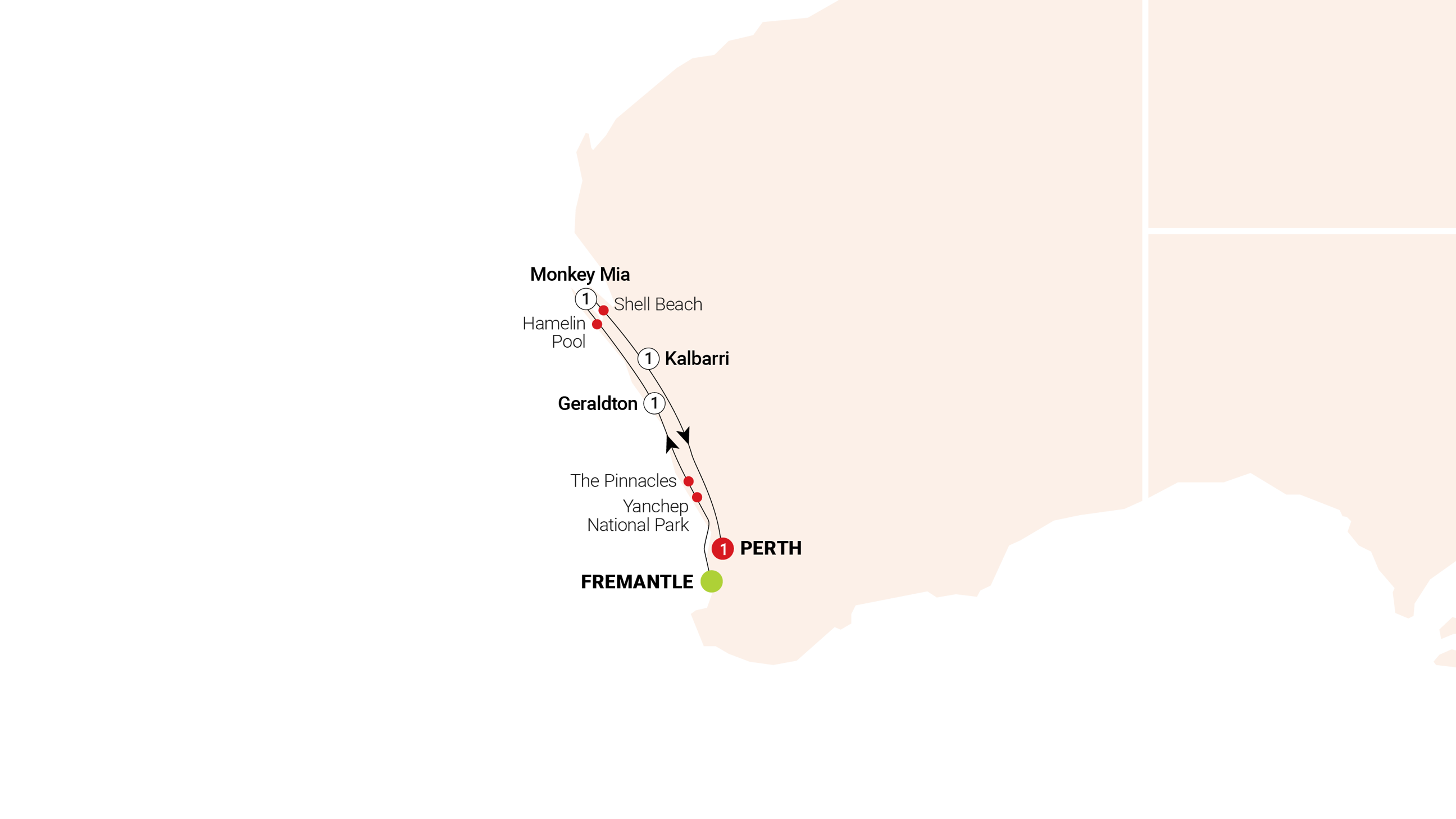 tourhub | AAT Kings | Monkey Mia Dolphins & West Coast | Tour Map