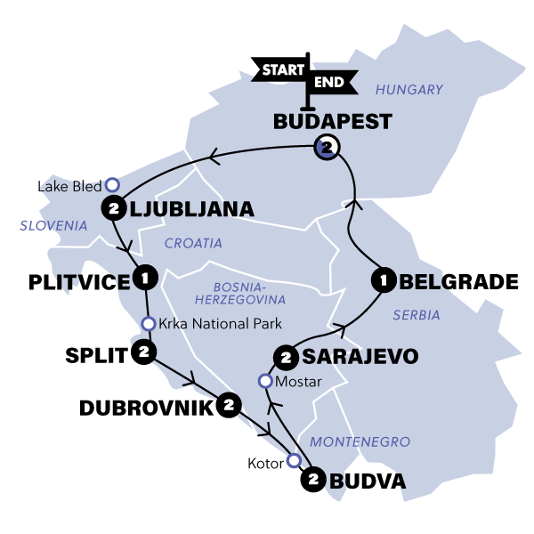 tourhub | Contiki | Best of Balkans | Start Budapest | 2024 | Tour Map