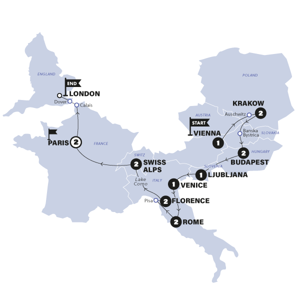 tourhub | Contiki | Vienna to London Trail | Winter | 24/25 | Tour Map