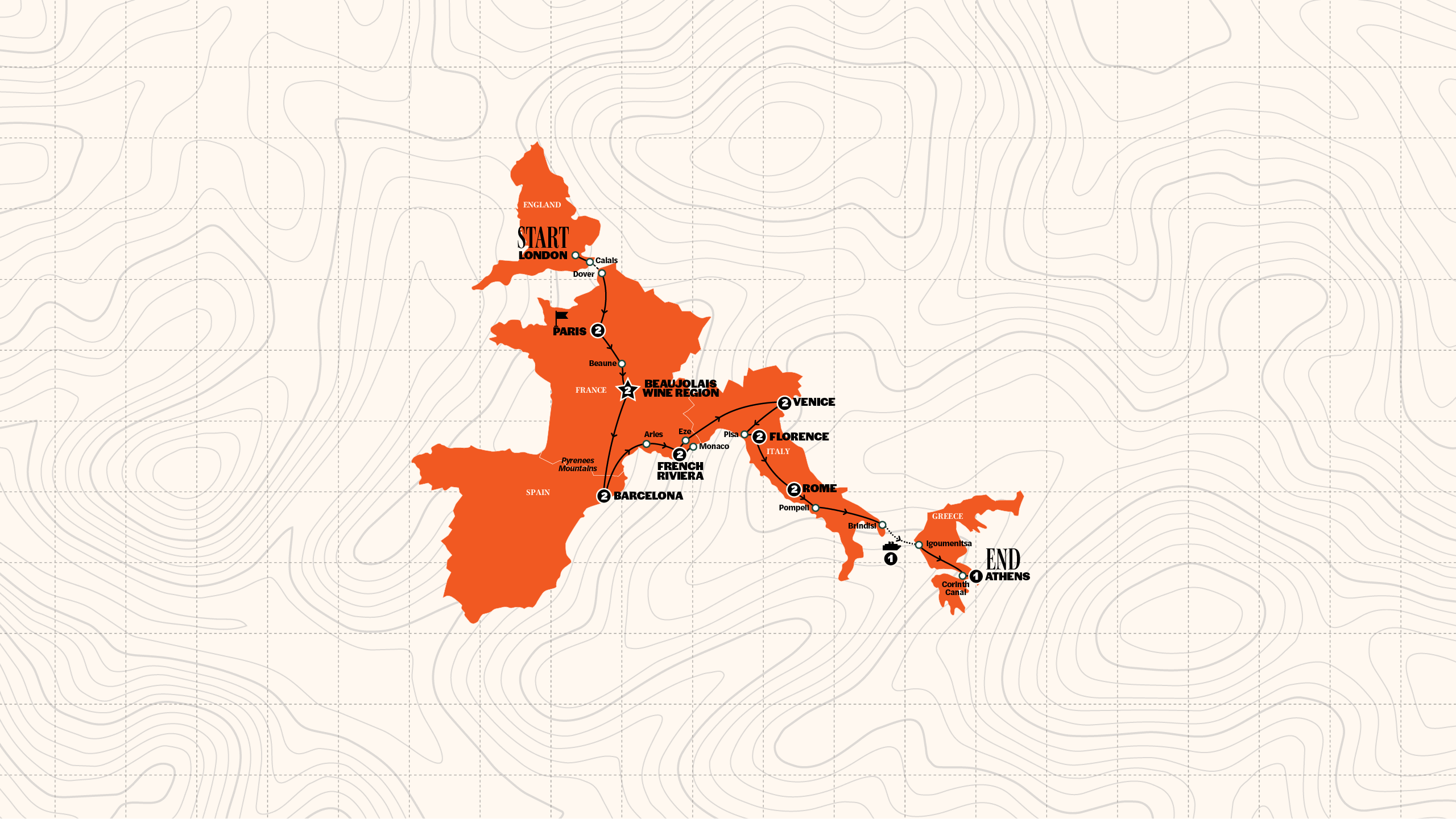 Map of London to Athens Hotels | Start Paris | 2027 from Contiki