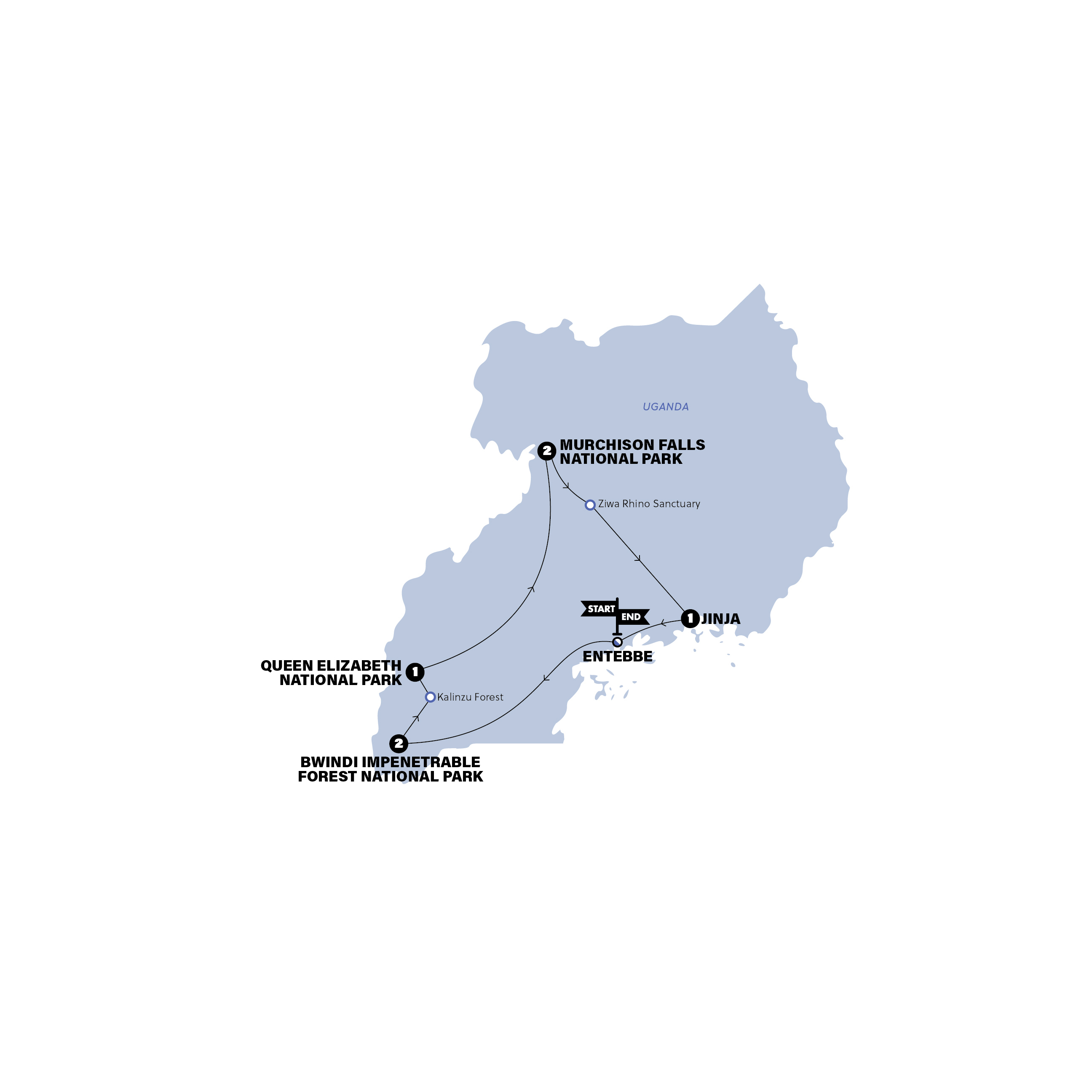 Map of Uganda: Gorilla and Chimp Trekking 35 to 45 | Camping | 2027 from Contiki