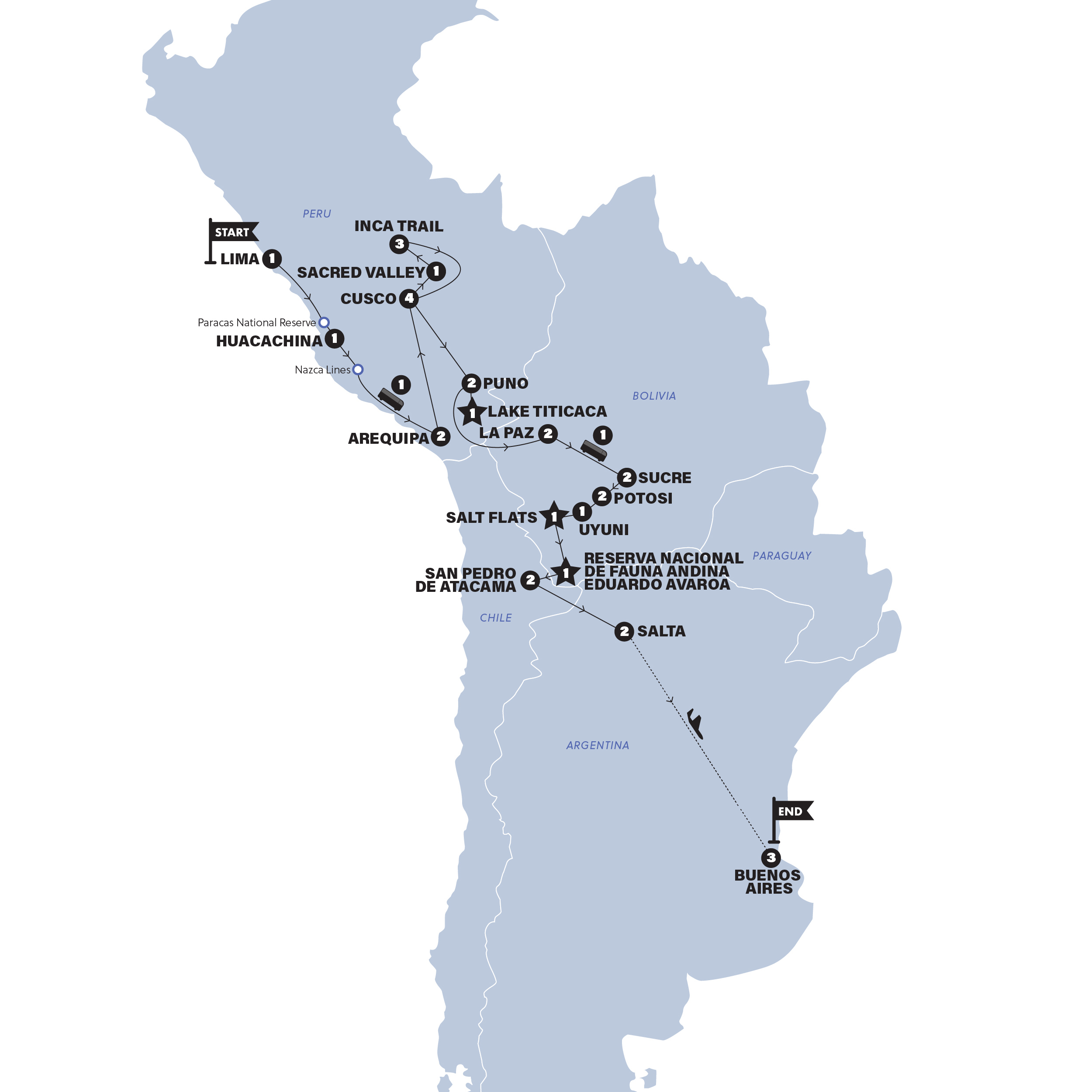 Map of Lima to Buenos Aires with Inca Trail Trek | Summer 2027 from Contiki