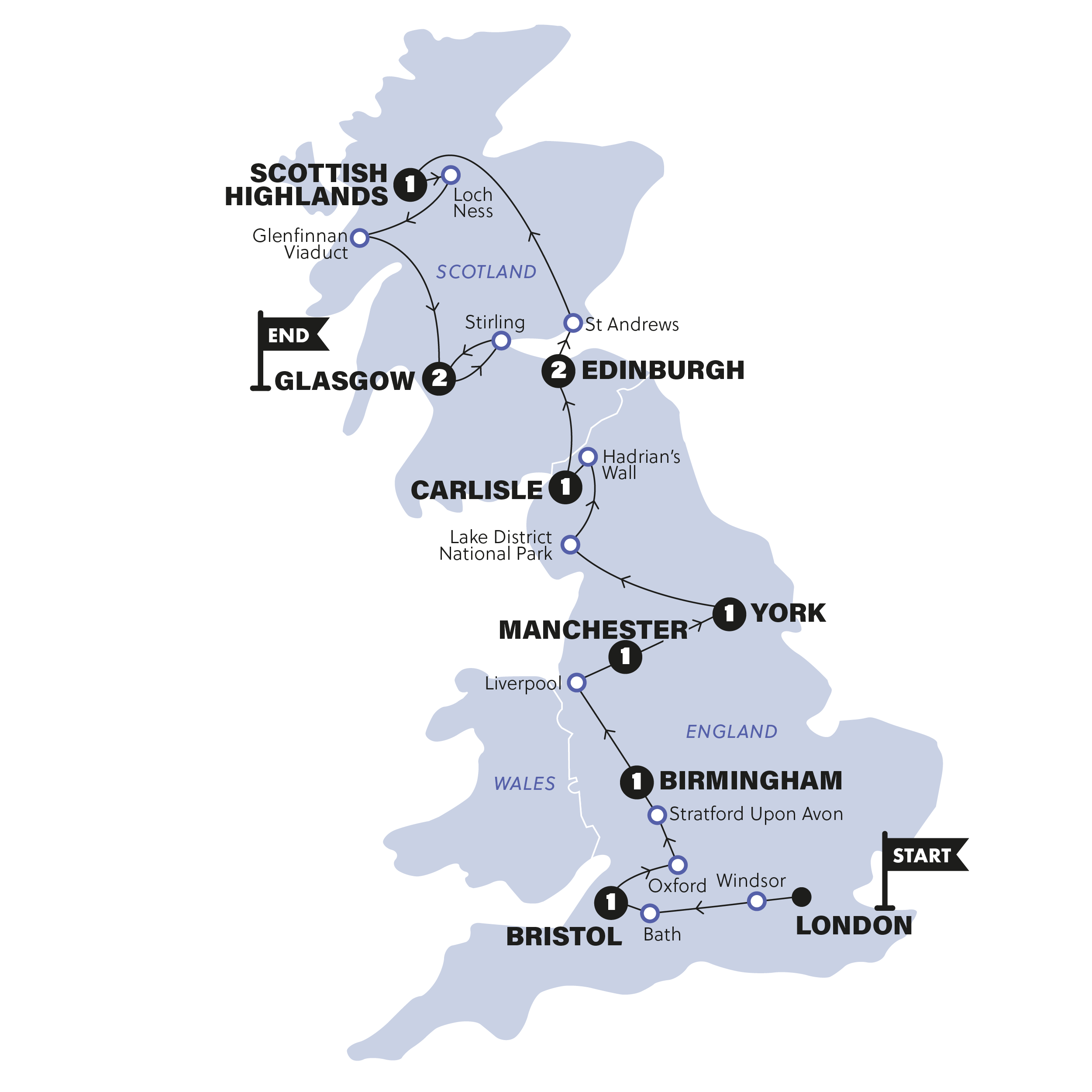tourhub | Contiki | England & Scotland | End London | Summer | 2025 | Tour Map