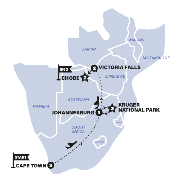 tourhub | Contiki | Cape, Safari & Falls | AASAMP20 | Route Map