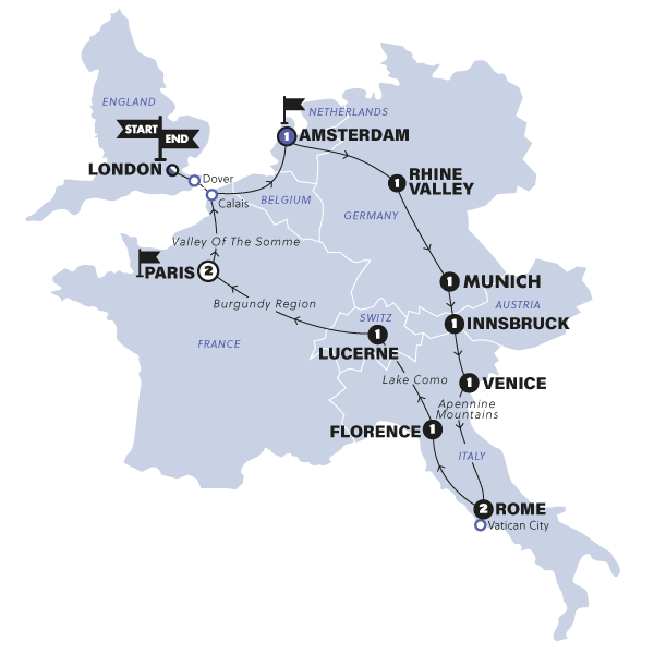 tourhub | Contiki | European Discovery | Start Amsterdam | Winter | Season 2024/2025 | Tour Map