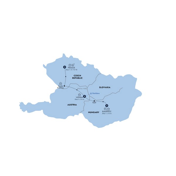Easy Pace Budapest, Vienna & Prague Itinerary Map