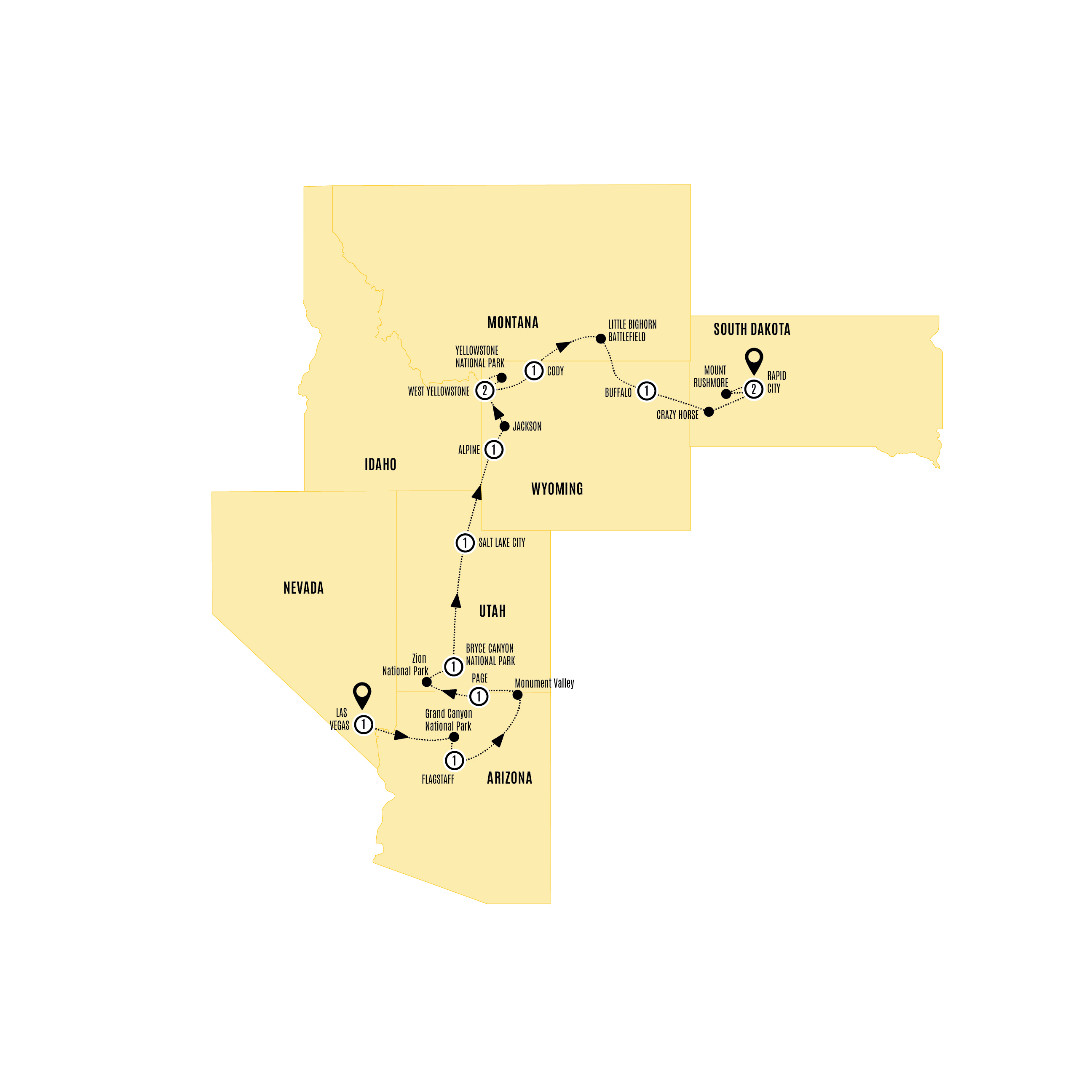 Map of Spectacular Canyons and National Parks End Rapid City from Costsaver