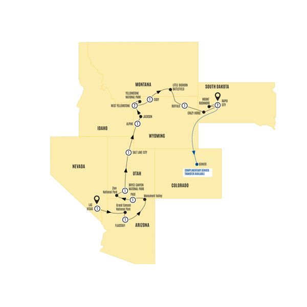 Spectacular Canyons and National Parks End Rapid City Itinerary Map