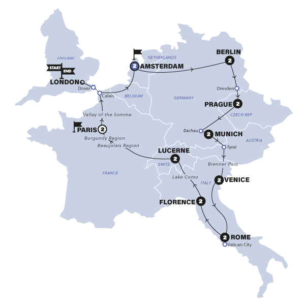 tourhub | Contiki | European Whirl (From 2025) | Start London | Plus | Tour Map