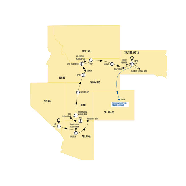 Spectacular Canyons and National Parks End Rapid City Itinerary Map