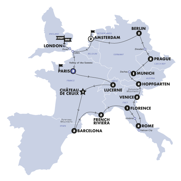tourhub | Contiki | European Escapade (From 2025) | Paris | Plus | BBHLMV20 | Route Map