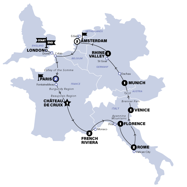 tourhub | Contiki | European Highlights | Gap Year 18-22 | Start London | GPPEA19 | Route Map
