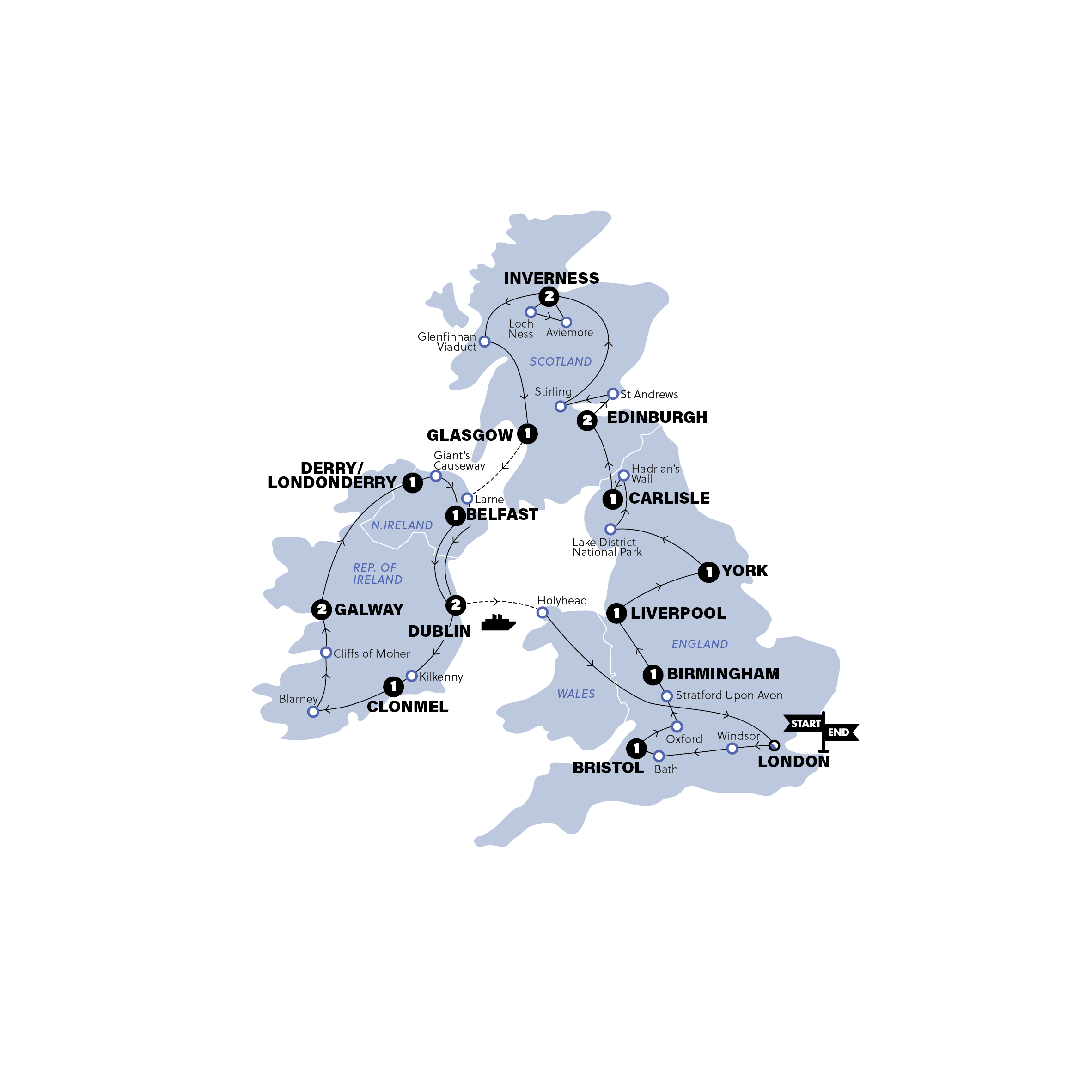 tourhub | Contiki | Great Britain & Ireland | Winter 2025/2026 | Tour Map