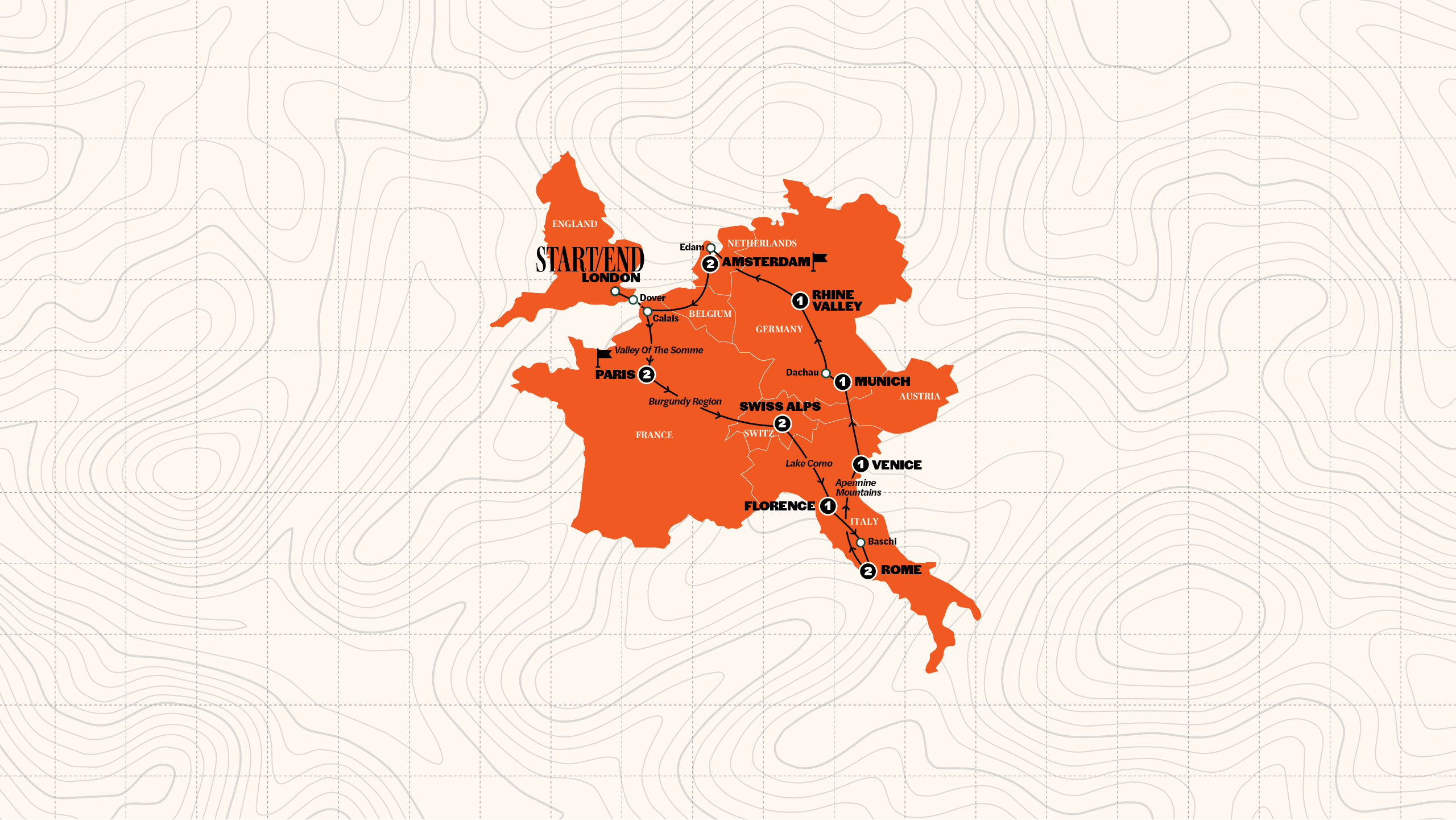 Map of European Discovery | Hostels | Start Paris | Summer 2027 (