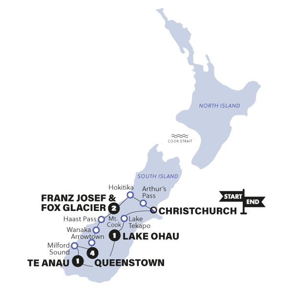 tourhub | Contiki | Sweet as South (Start in Christchurch, From Oct 2022 to Oct 2023) | Tour Map