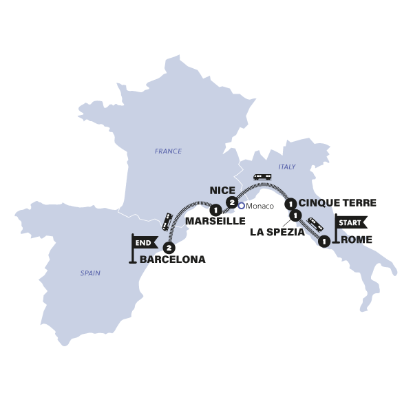 tourhub | Contiki | Rome to Barcelona by Train | 27-35 | 2025 | Tour Map