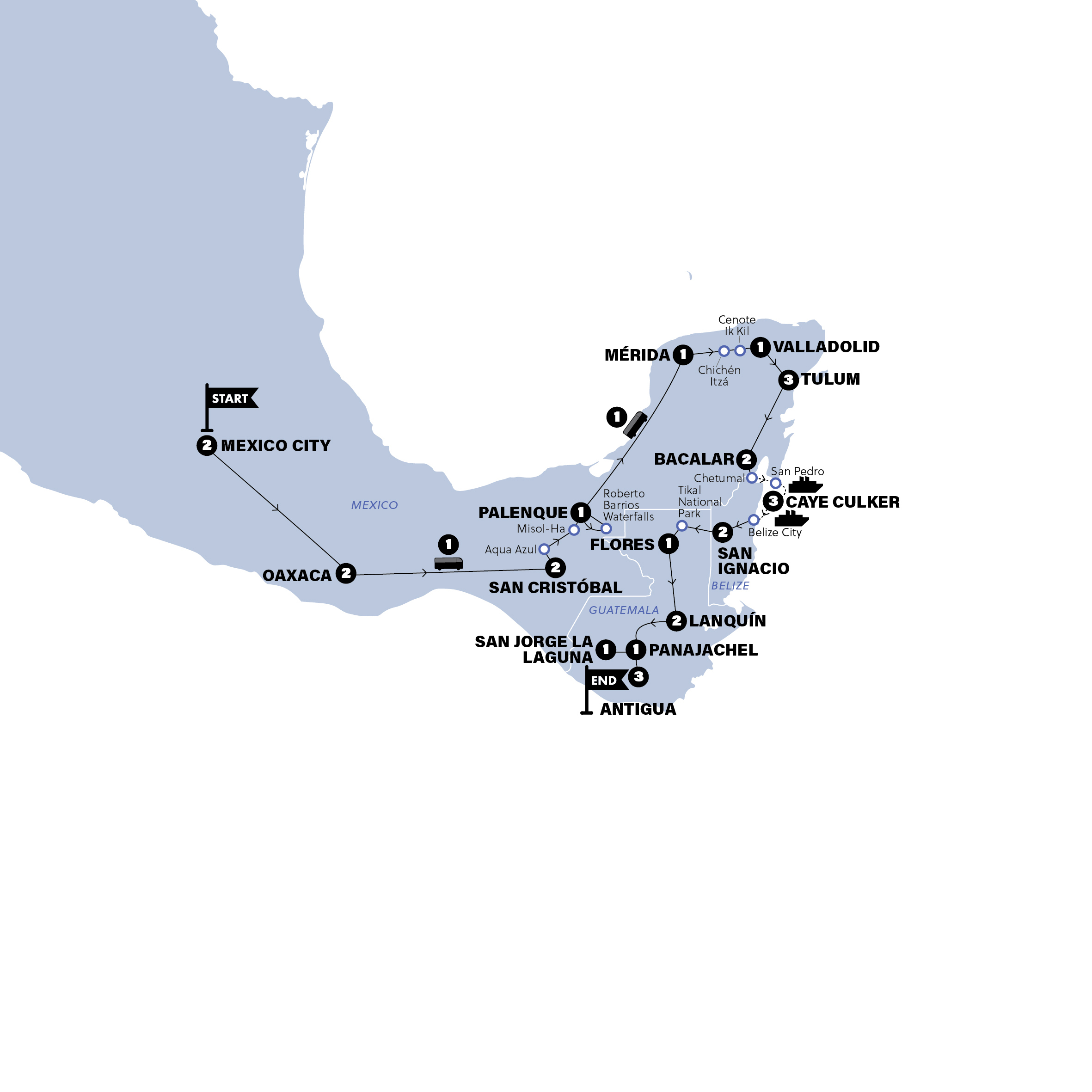 Map of Mexico City to Antigua from Contiki