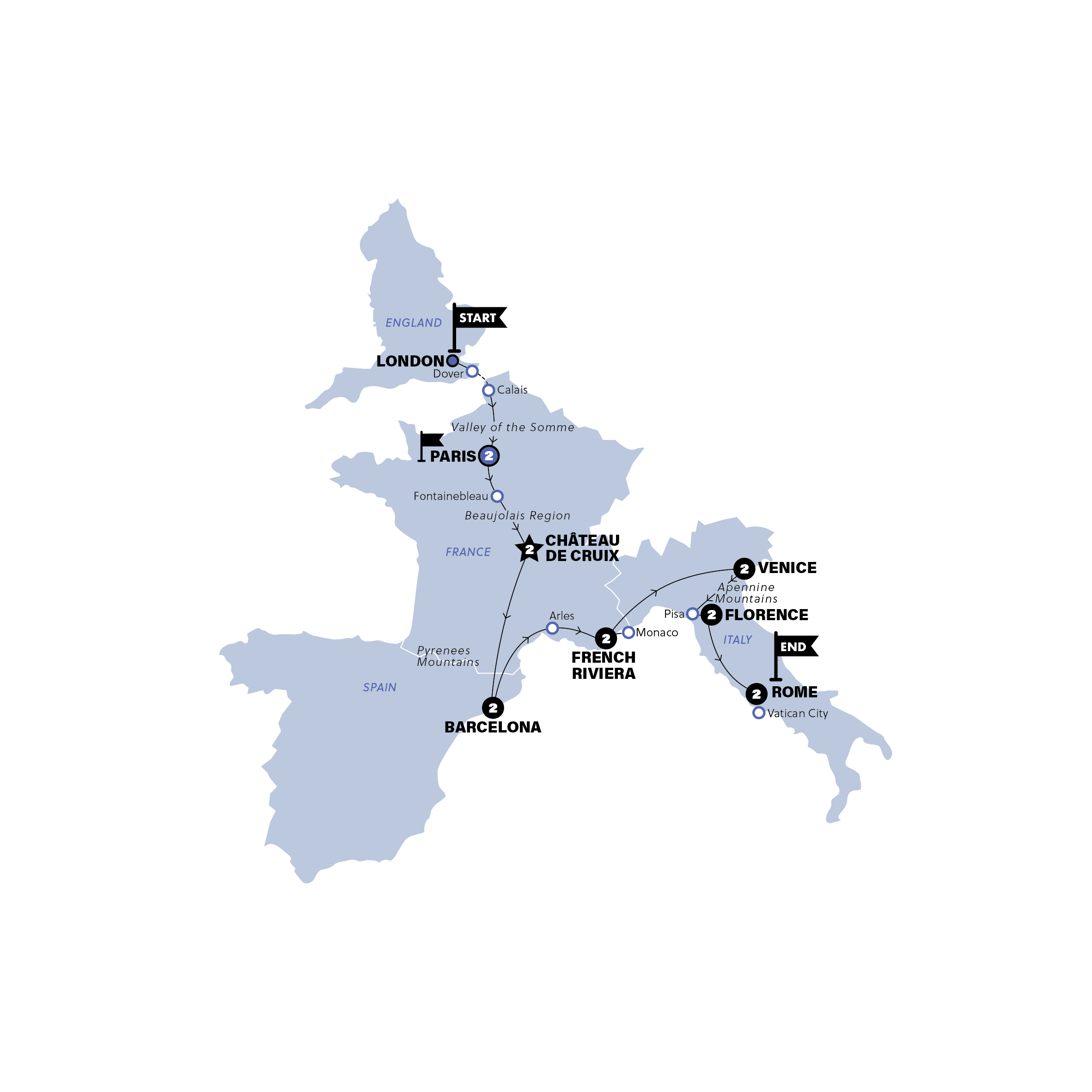 tourhub | Contiki | London to Rome | Start Paris | 2025 | Tour Map