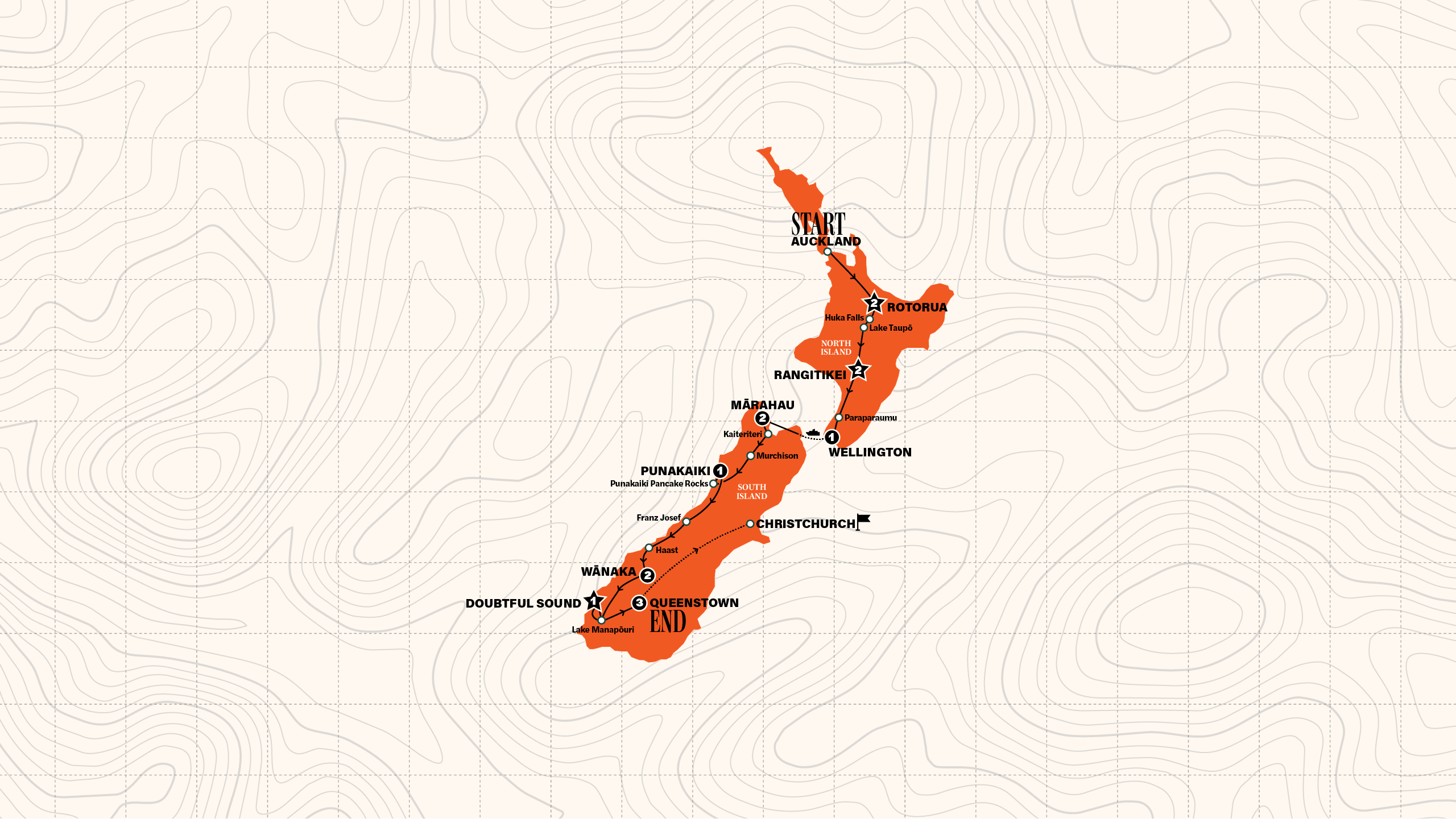 Map of Wild New Zealand | End Queenstown | 2027 from Contiki