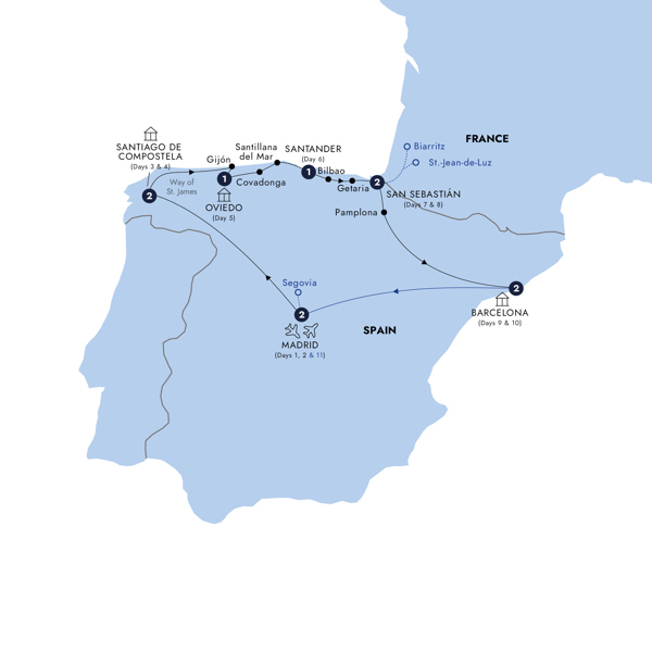 Northern Spain - End Madrid, Classic Group Itinerary Map