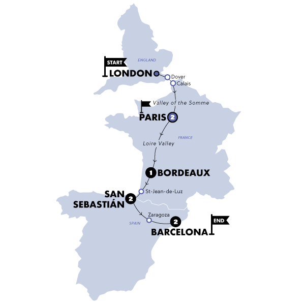 tourhub | Contiki | London to Barcelona Quest |  Start London | Summer | 2025 | Tour Map