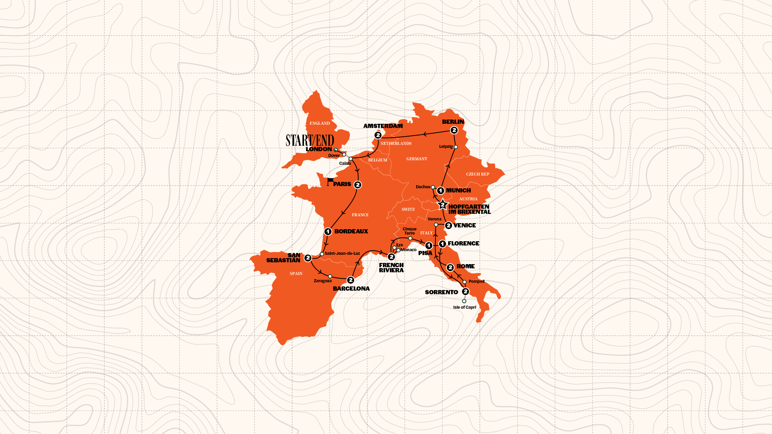 Map of European Quest | Hostels | Start Paris | Summer | 2027 from Contiki